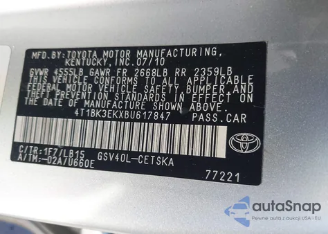 2011 Toyota Camry Se V6 from USA, damaged, VIN 4T1BK3EKXBU617847
